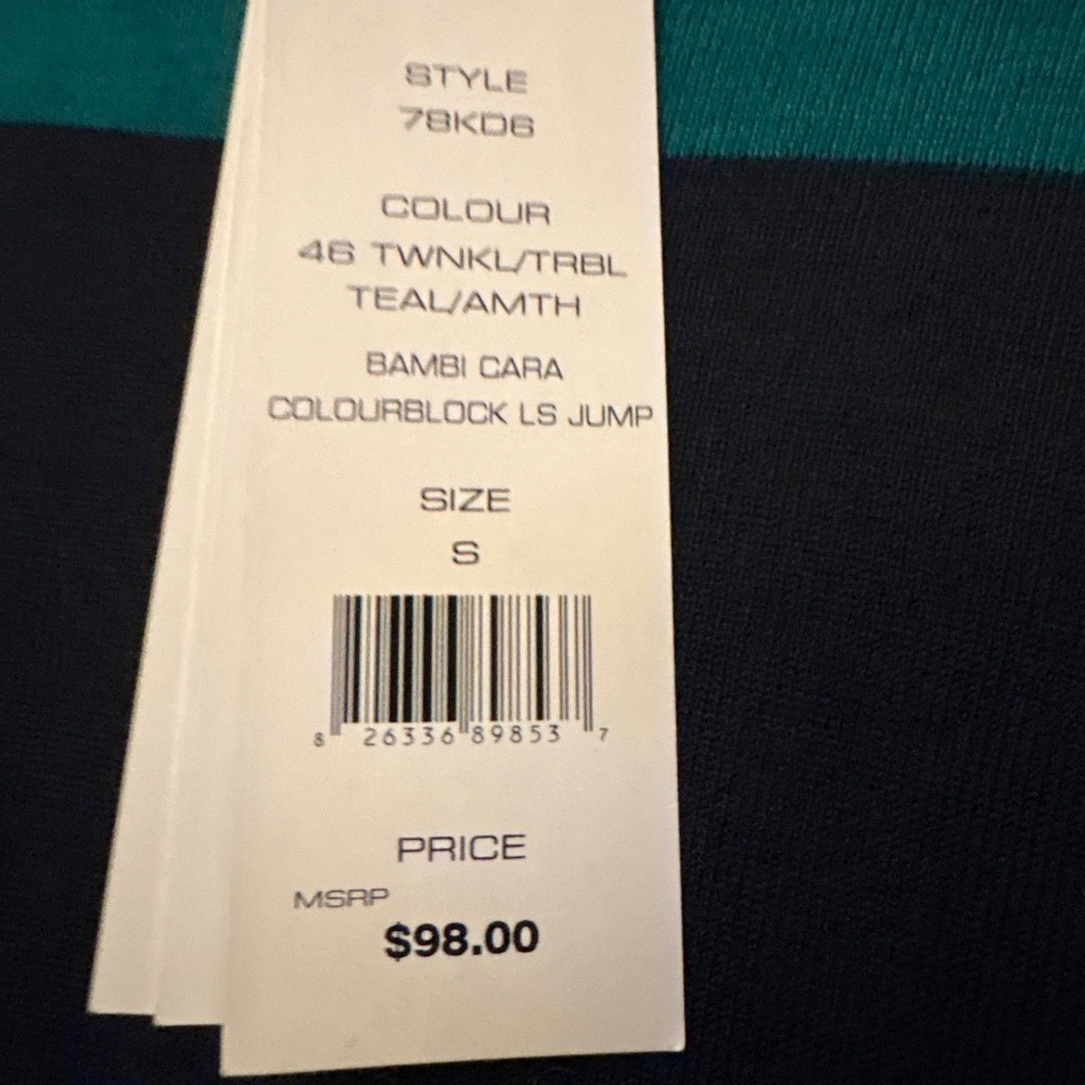 French Connection Bambi Cara‎ Colorblock Sweater Teal Amethyst Navy Small NWT - Picture 2 of 6